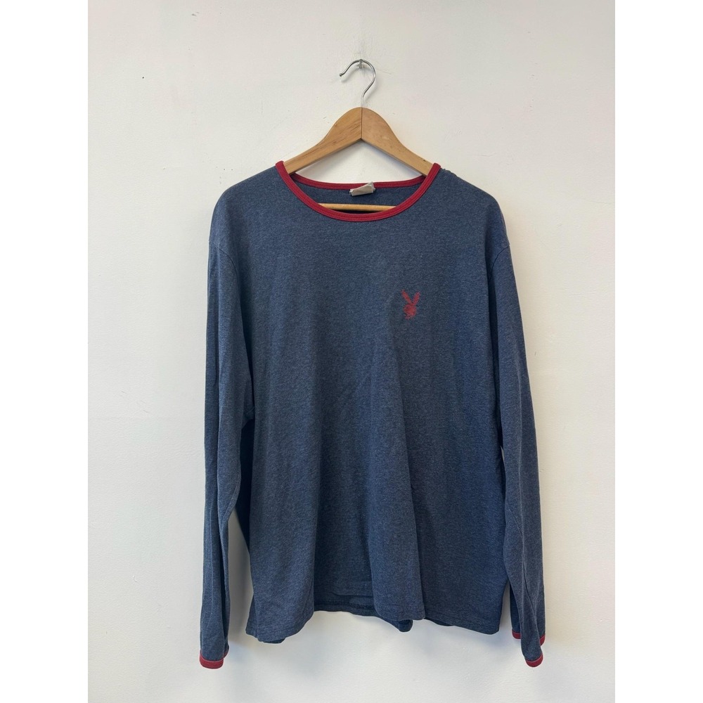 Vintage Playboy‎ Shirt XL Blue Red Trim Long Sleeve Bunny Logo Soft Casual Tee